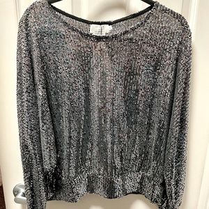 Molly Bracken Abby Sequin Open Back Top in Silvery Grey & Black L NWT